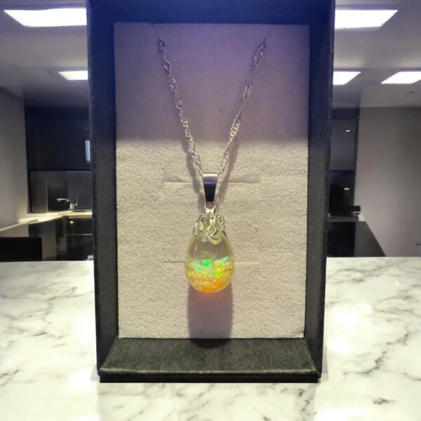 Lemon Yellow Floating Opal Timeless Teardrop globe pendant silver necklace - Image 2