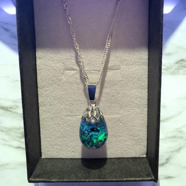 Peacock Blue Floating Opal Timeless Teardrop globe pendant silver necklace - Image 2