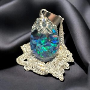 Peacock Blue Floating Opal Timeless Teardrop globe pendant silver necklace