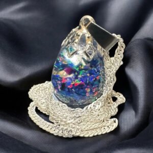 Midnight Blue Floating Opal Timeless Teardrop globe pendant silver necklace