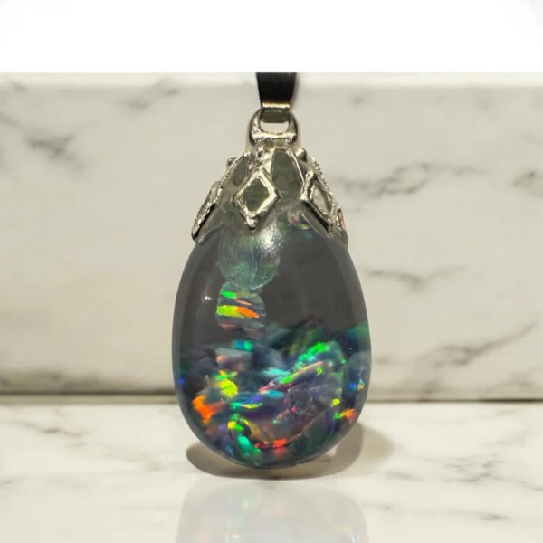 Cornflower Blue Floating Opal Timeless Teardrop globe pendant silver necklace - Image 2
