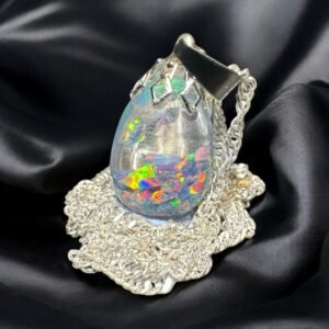 Cornflower Blue Floating Opal Timeless Teardrop globe pendant silver necklace