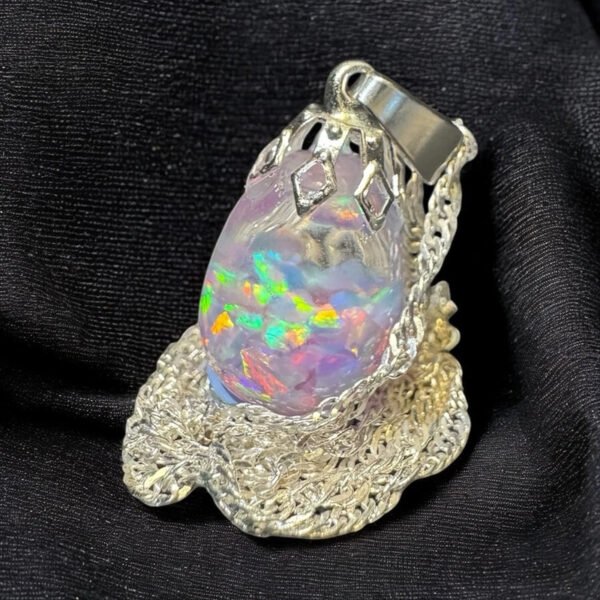 Snow White Floating Opal Timeless Teardrop globe pendant silver necklace