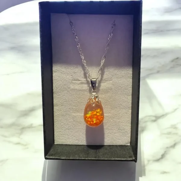 Fiery Orange Floating Opal Infused Glass Timeless Teardrop Necklace - Image 3