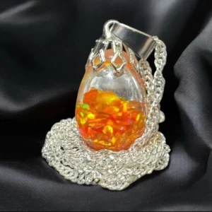 Fiery Orange Floating Opal Infused Glass Timeless Teardrop Necklace