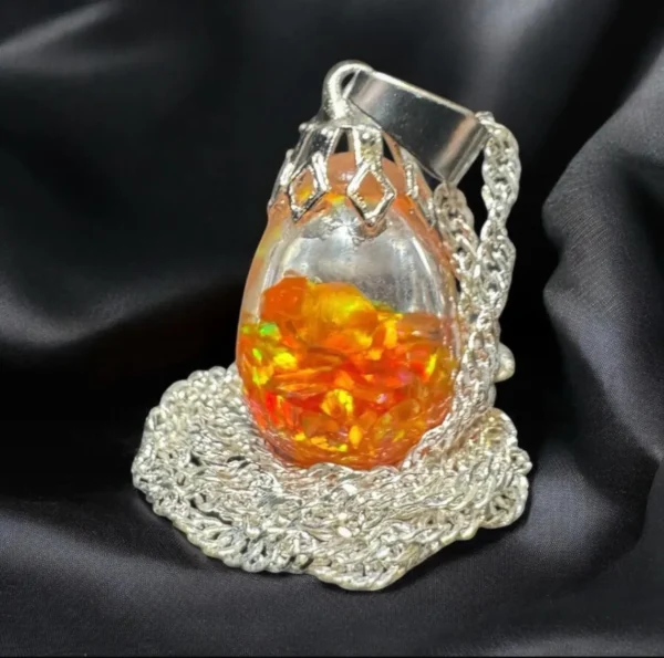 Fiery Orange Floating Opal Infused Glass Timeless Teardrop Necklace