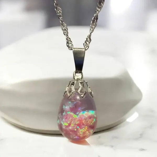 Bubblegum Pink Floating Opal Timeless Teardrop globe pendant silver necklace - Image 2