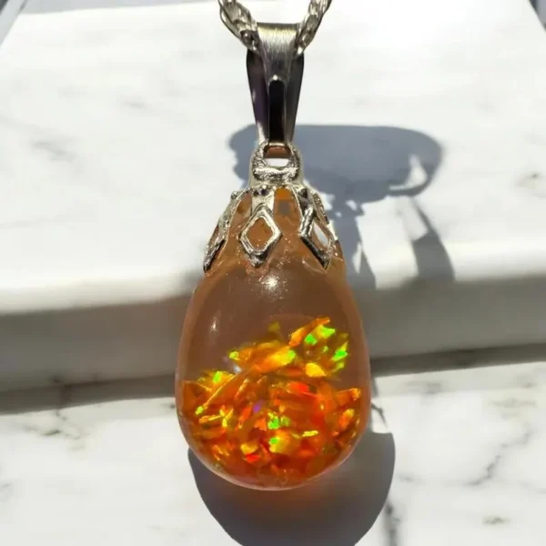 Fiery Orange Floating Opal Infused Glass Timeless Teardrop Necklace - Image 2